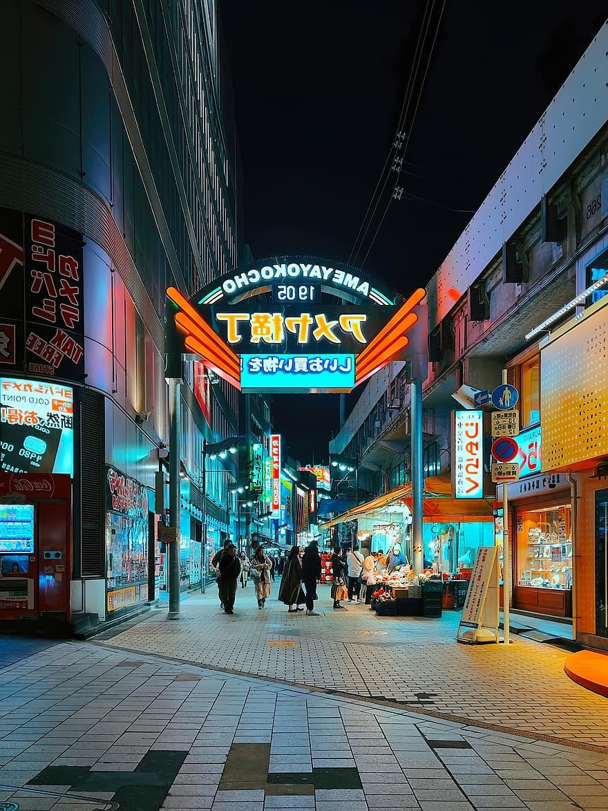 entrada, porta, carrer, signes, carrer comercial, Ameyokocho, Japó, llums, mercat, carrer del mercat, arquitectura moderna