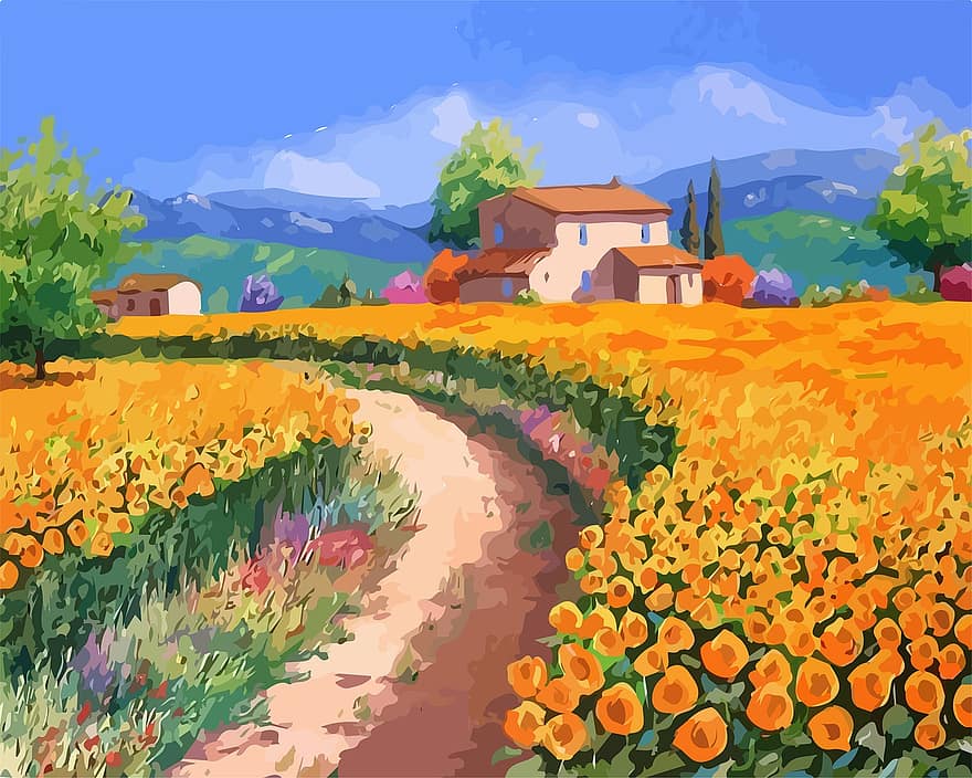 Malerei, Landschaftsmalerei, Gartenmalerei, ländliche Szene, Bauernhof, Wiese, Blume, Landschaft, Sommer-, grüne Farbe, Landwirtschaft