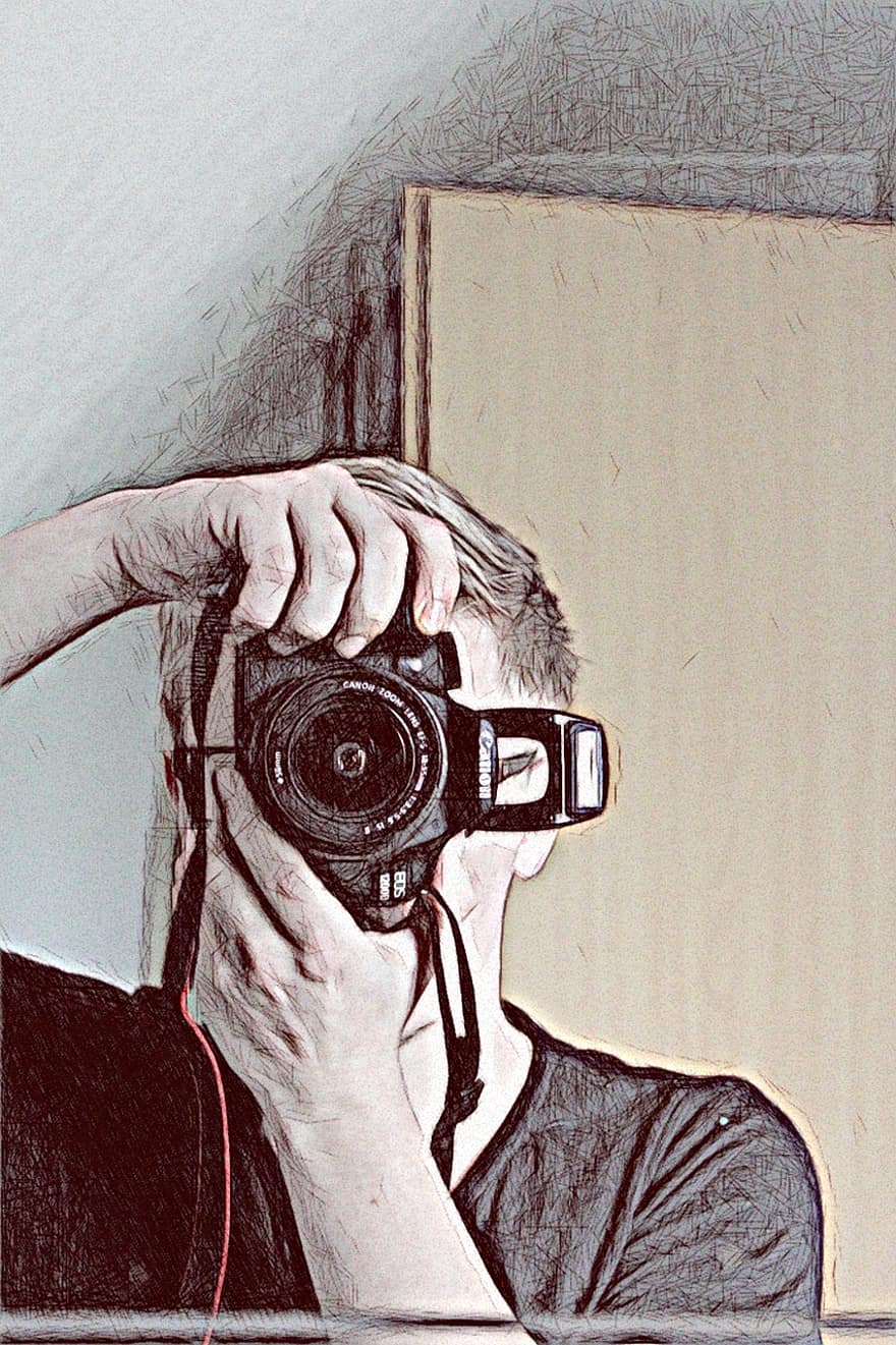 Photographer, Drawing, Photo, Camera, Pencil Drawing, Lens, Flash Light, Self Portrait, Mirroring, Mirrored, Hands