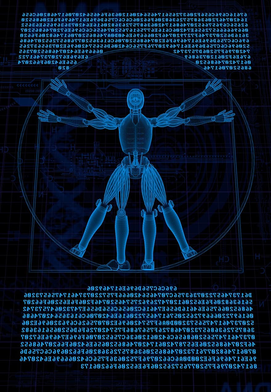 vitruvian, robot, cyborg, 3d, mand, anatomi, davinci, futuristisk, leonardo, teknologi, kunstig