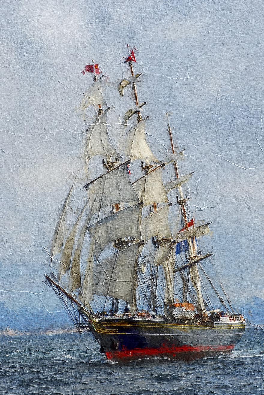 kapal clipper, tiga tiang, layar, stad amsterdam, cepat, Belanda, laut, kapal, bahari, pelayaran, samudra