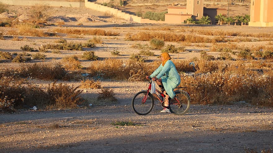 sieviete, velosipēdu, tuksnesis, marokāņu, raksturs, zāli, sahara, riteņbraukšana, vīriešiem, viens cilvēks, dzīvesveidu