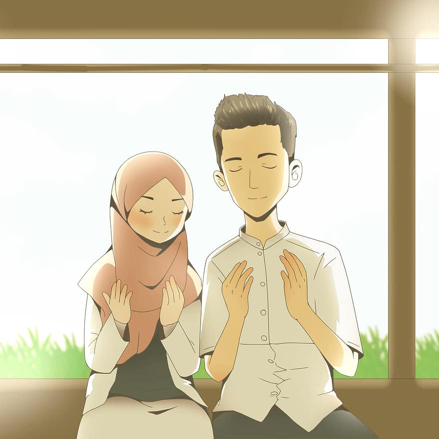 coppia, musulmano, hijab, pregare, preghiere, anime, cartone animato, uomini, vettore, ragazzi, sorridente