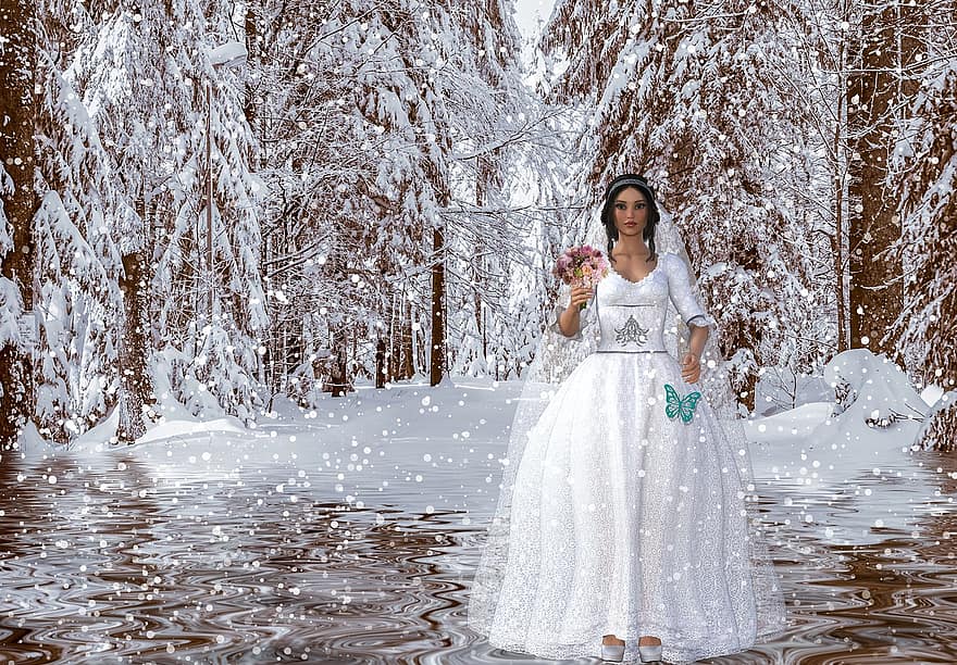 The Bride, Wedding, Snow, White, Fantasy, Girl