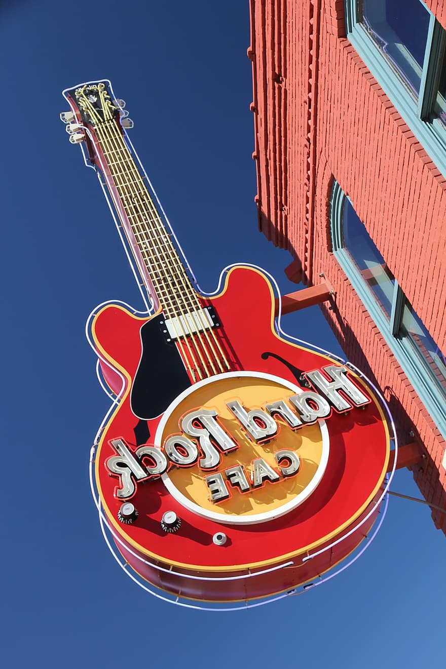 Hard Rock Café, Nashville, Tennesse, Estados Unidos, señal de neón, logo, guitarra, instrumento musical, azul, músico, jugando