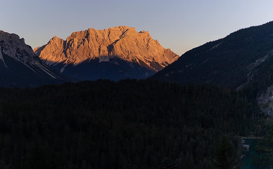 Zugspitze, vertice, montagne, tramonto, picco, natura, scenario, paesaggio, luce del sole, Austria, Germania