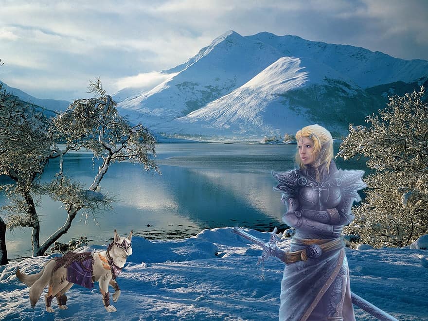 fondo, montañas, nieve, duende, lobo, fantasía, hembra, personaje, arte digital