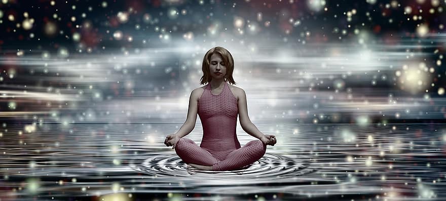 kobieta, joga, medytacja, relaks, medytować, wellness, duchowy, kobiety, pozycja lotosu, dorosły, duchowość