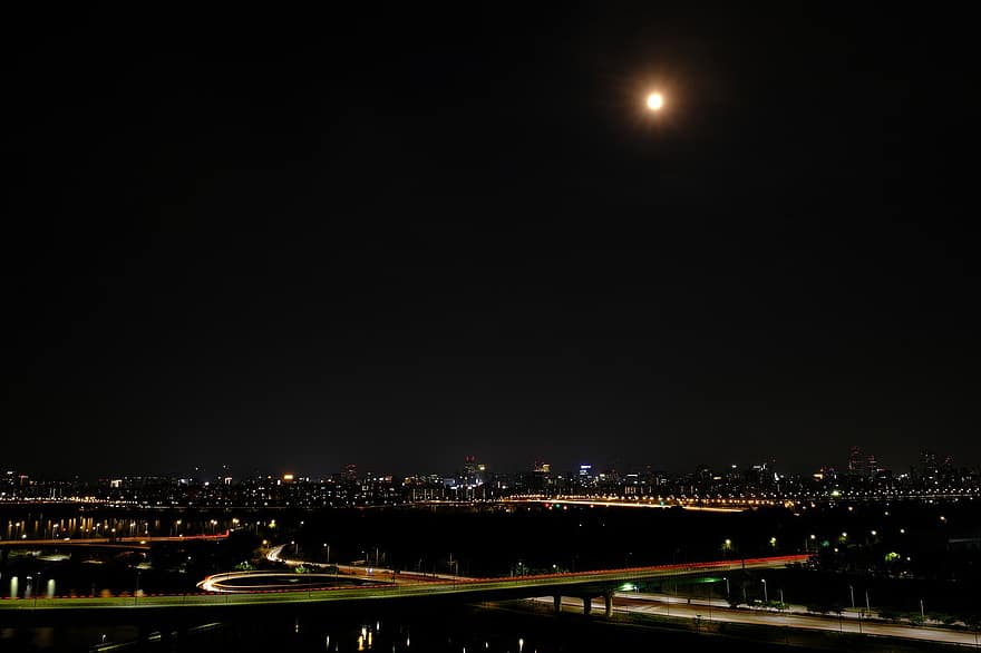 noční výhled, večer, řeka, nebe, krajina, noc, Han řeka, Soul, Korea, budova, architektura