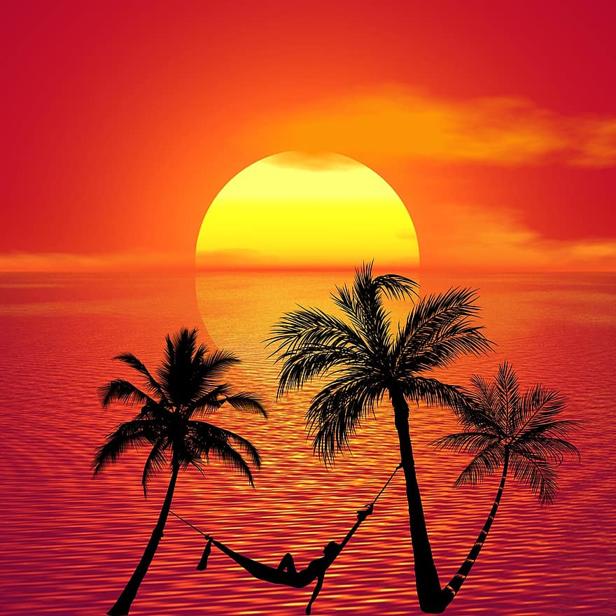 أرجوحة شبكية ، حمامات الشمس ، الاسترخاء ، شاطئ بحر ، الصيف ، استوائي ، غروب الشمس ، الشاطئ الأحمر ، غروب الشمس الأحمر ، الاسترخاء الأحمر