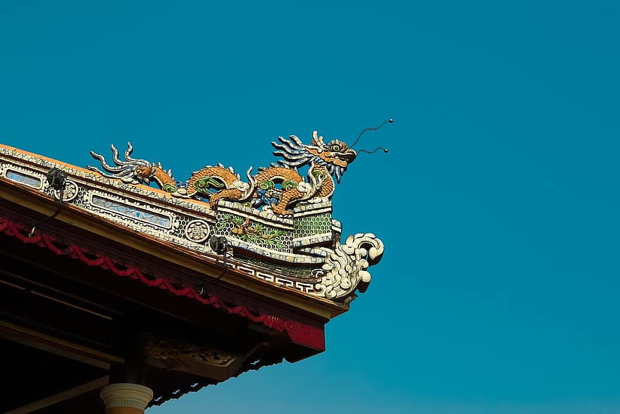 дракон, Різьба по даху, храм, Китайська, архітектура, скульптура