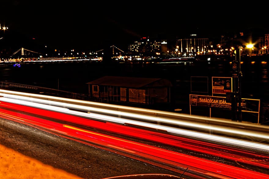 cidade, Budapeste, luzes, carros, longa expo, papel de parede, fundo, estrada, Rapidez, dirigir, noite