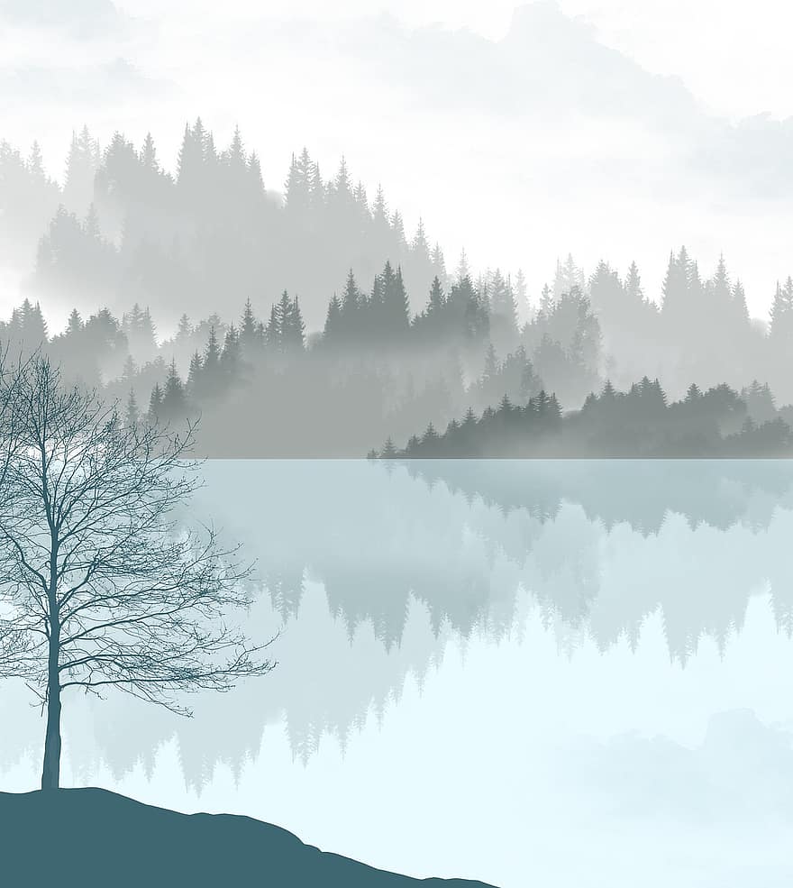 jezioro, Natura, mgła, drzewa, las, chmury, woda, drzewo, krajobraz, Góra, niebieski