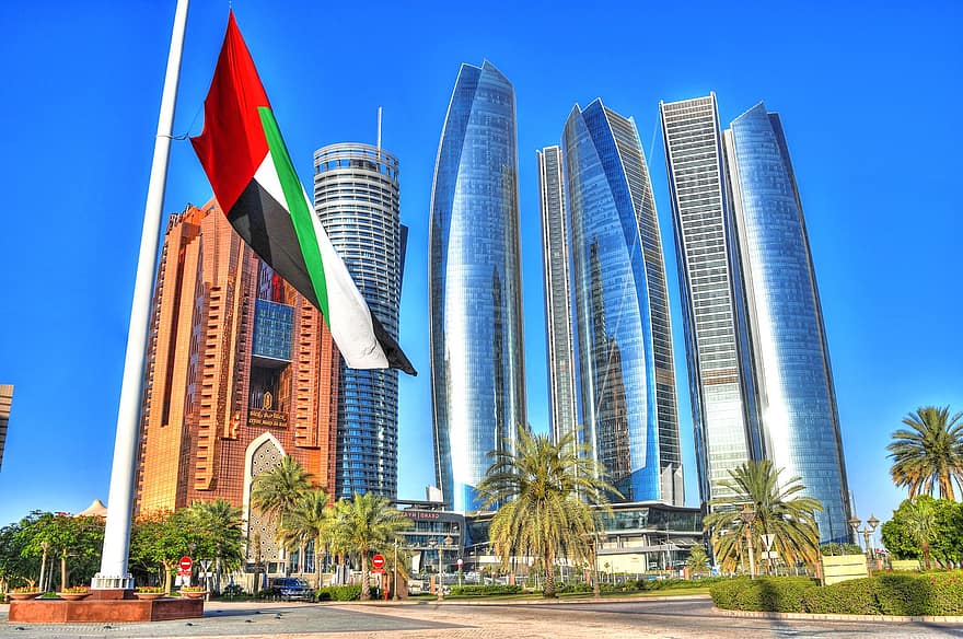 Abu, dhabi, l'horizon, ville, Émirats arabes unis, drapeau, arabe, Abu Dhabi, émirats, hdr, désert