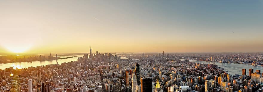 kota, new york, perjalanan, pariwisata, matahari terbenam, pencakar langit, Manhattan, Amerika Serikat, Amerika, kaki langit, Cityscape