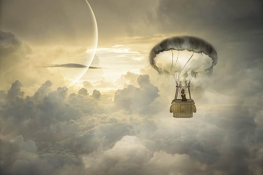 mujer, globo, nubes, cielo, volador, fantasía