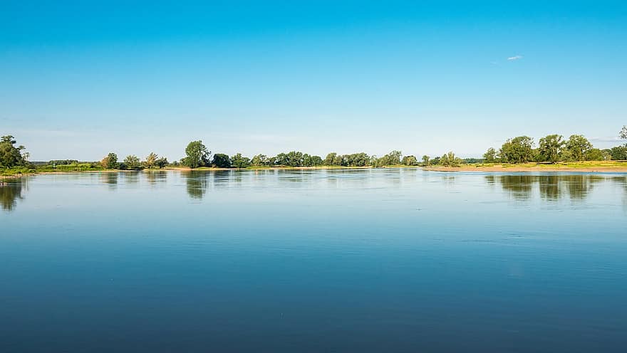 Râul Elbe, vară, reflecţie, oglindă, nici nori, albastru, Germania, copaci, peisaj, plajă, natură