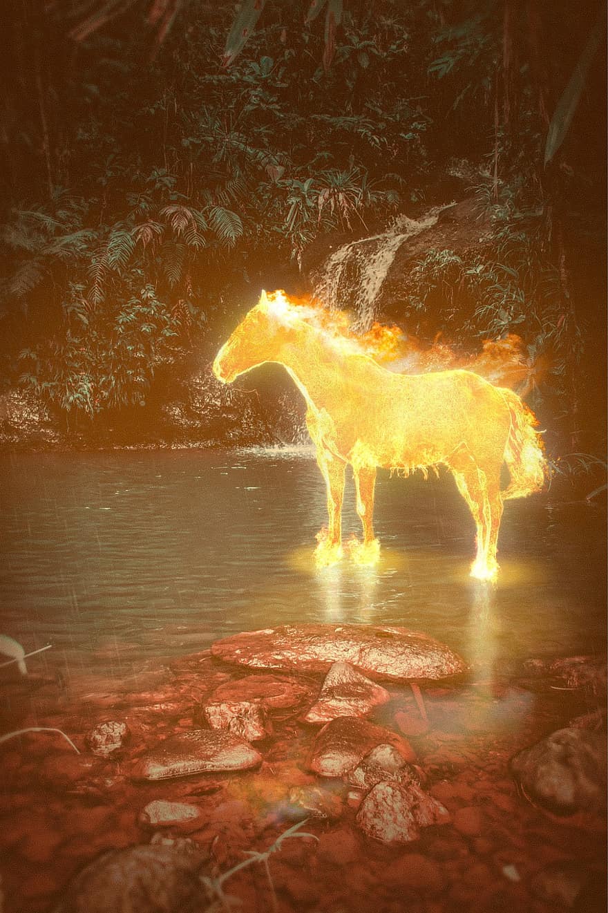 con ngựa, ngọn lửa, tưởng tượng, suối, con sông, Nước, thú vật, ngựa, rừng nhiệt đới, gỗ, Thiên nhiên