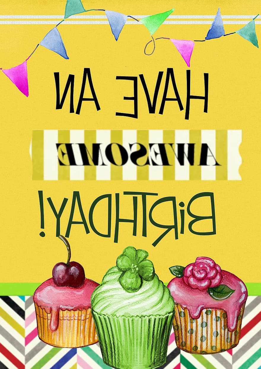 feliz cumpleaños, increíble, amarillo, bandera, tarjeta de felicitación, pastel, feliz, saludo, tarjeta, cumpleaños, celebracion