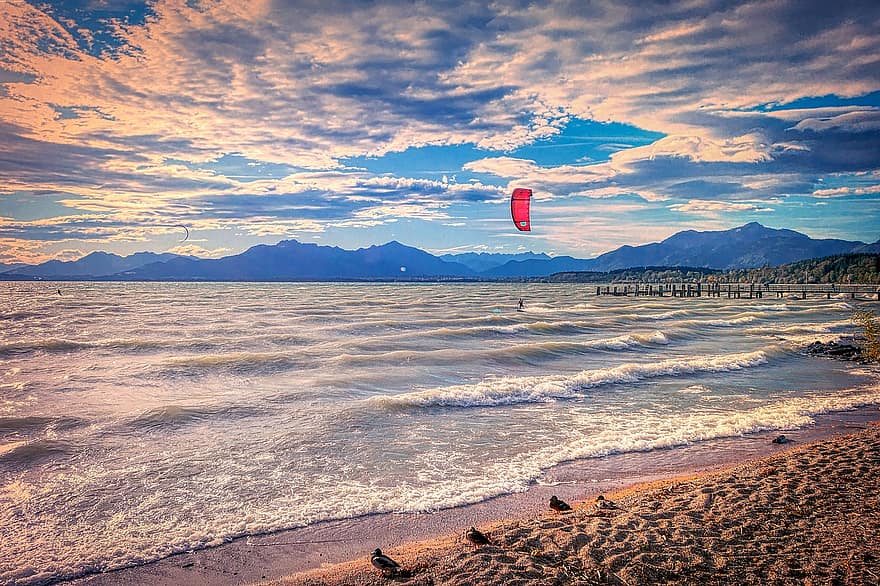 kite, sjö, vågor, surfare, fritid, semester, rekreation, äventyr, sport, lekar, vindsurfing