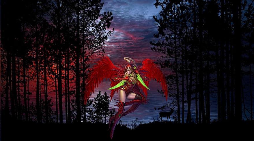 पृष्ठभूमि, वन, योद्धा, पंखों वाला, अंधेरा, कपोल कल्पित, लाल पंख, योद्धा परी, महिला, अवतार, चरित्र