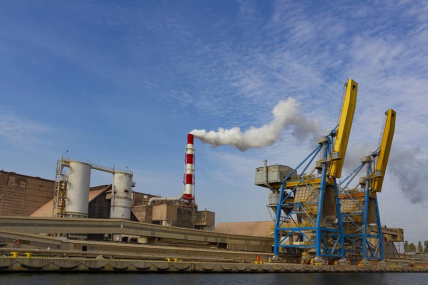 xưởng đóng tàu, gdańsk, bến tải, ngành công nghiệp, nhà máy, bến tàu thương mại, sự ô nhiễm, nhiên liệu và phát điện, ống khói, màu xanh da trời, ngành công nghiệp xây dựng