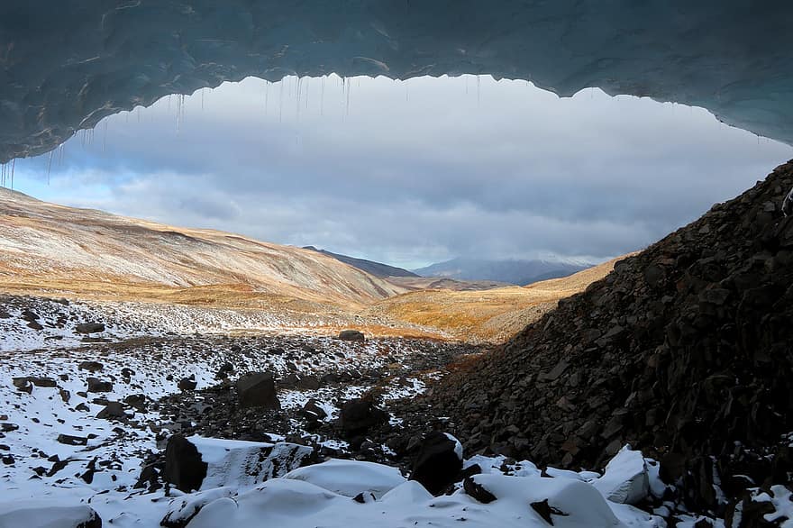kamchatka, grot, winter, berg-, landschap, rots, voorwerp, sneeuw, ijs-, wolk, hemel