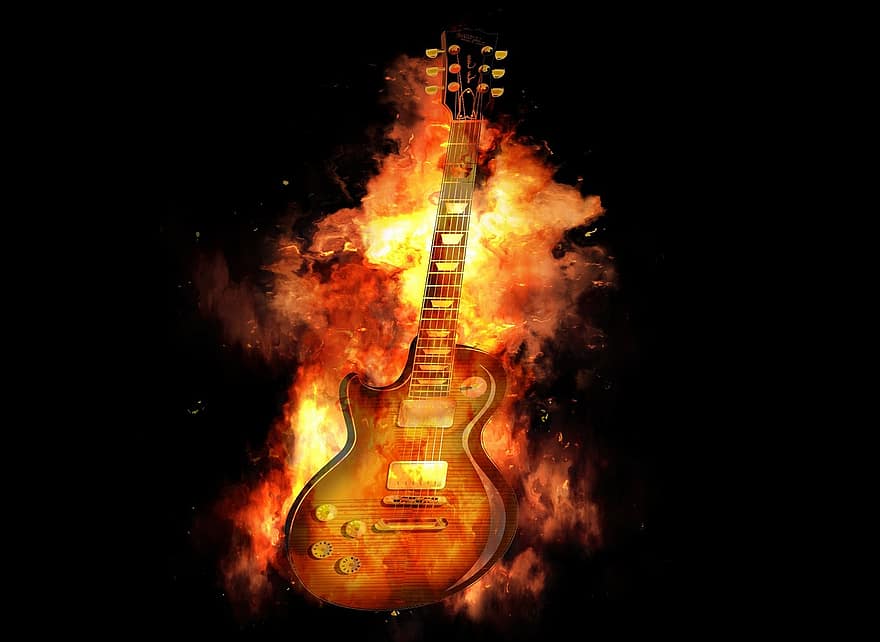 gitaar, brand, vlam, heet, rots, merk, muziek-, brandend