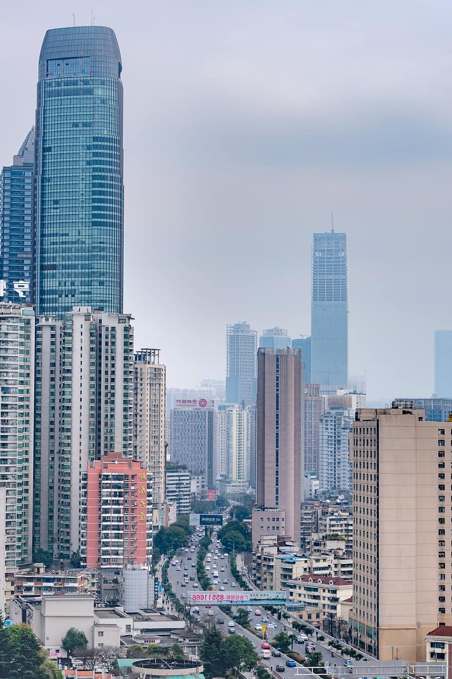 rascacielos, ciudad, día nublado, calina, horizonte, edificio, Guiyang, paisaje urbano, arquitectura, horizonte urbano, exterior del edificio