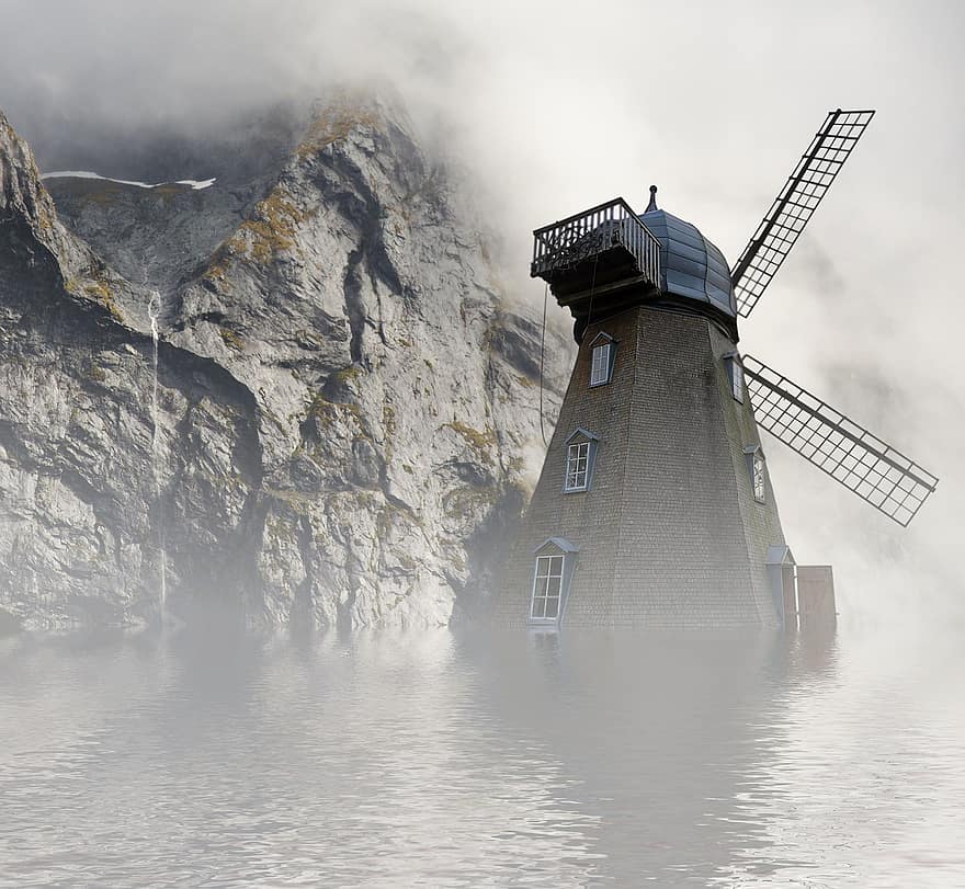 Mill, Fog, Mountain, Water, Reflection, Landscape, Nature, Wind, Take It Easy