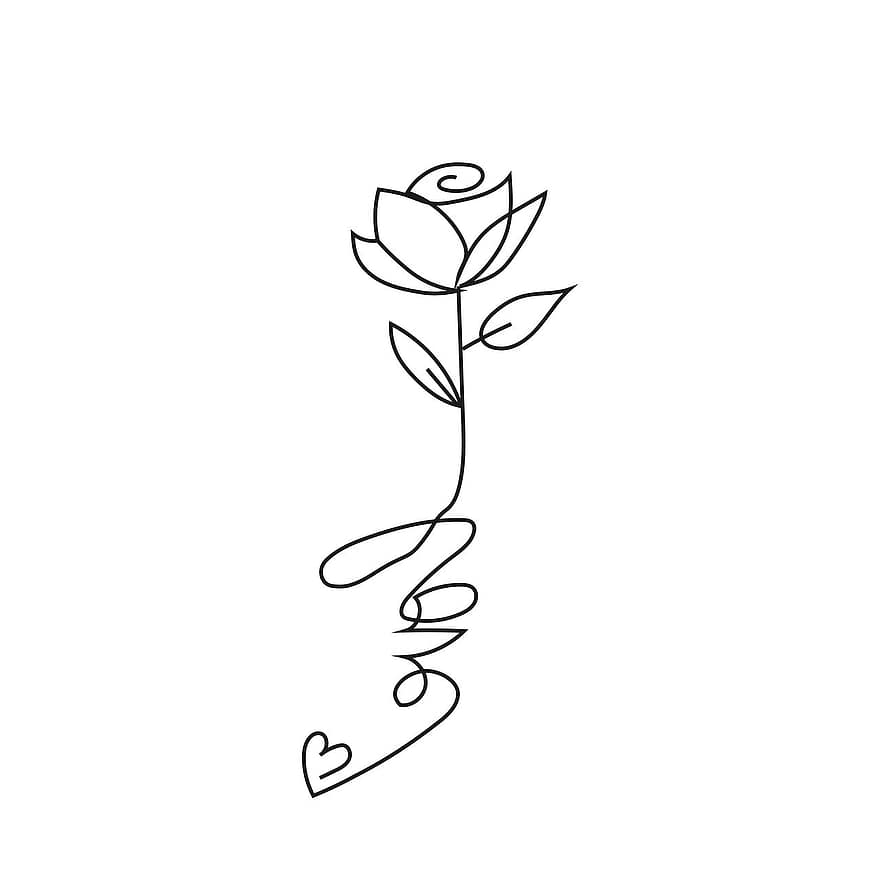 cinta, bunga, Desain, romantis, mawar, garis seni, gambar, sketsa, berkembang, daun, ilustrasi