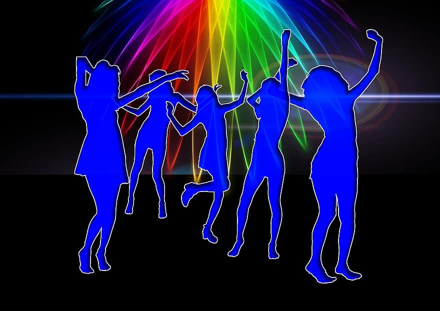 силуэты, девушка, танец, дискотека, ночной клуб, свет, лучи, опущены, радость, движение, радость жизни