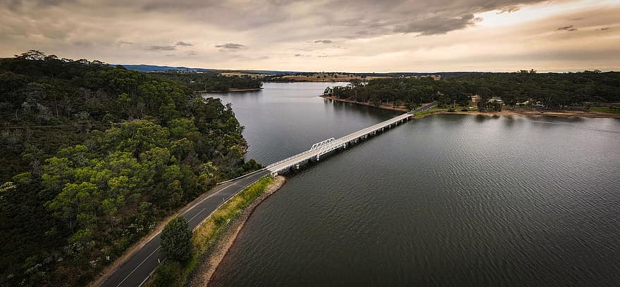 мост, река, Glenmaggie, Джипсленд, Виктория, Австралия, Дорога, дамба, воды, панорама