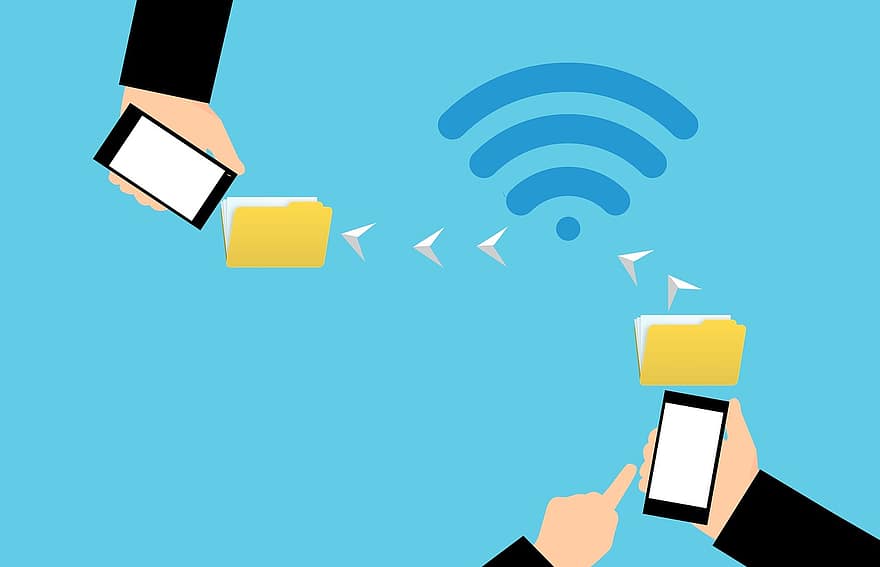 Wi-Fi、直接、技術、ファイル、転送、送る、シェア、インターネット、電話、認証、コミュニケーション