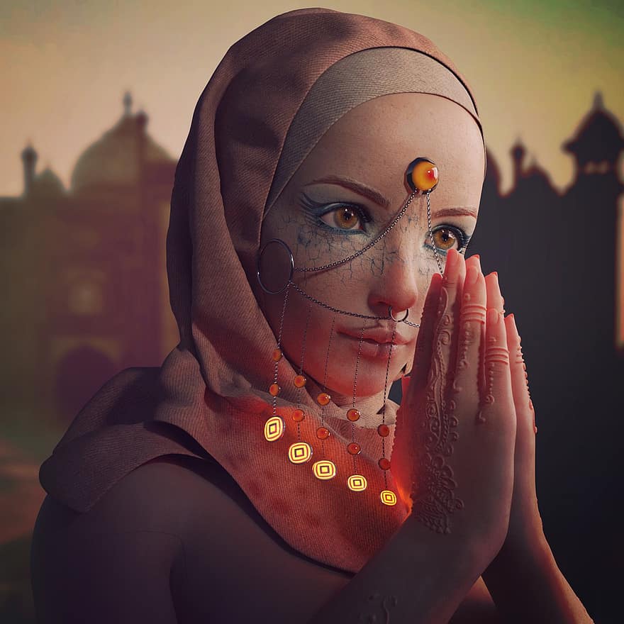 Haremas, Indijos, religija, malda, henna, auskarų vėrimas, kūno dažai, meditacija, moteris, šydas, nosies žiedas