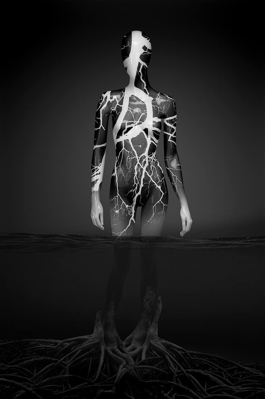 mannequin, noir blanc, fantaisie, eau, Hommes, nu, illustration, femmes, anatomie, science, noir et blanc