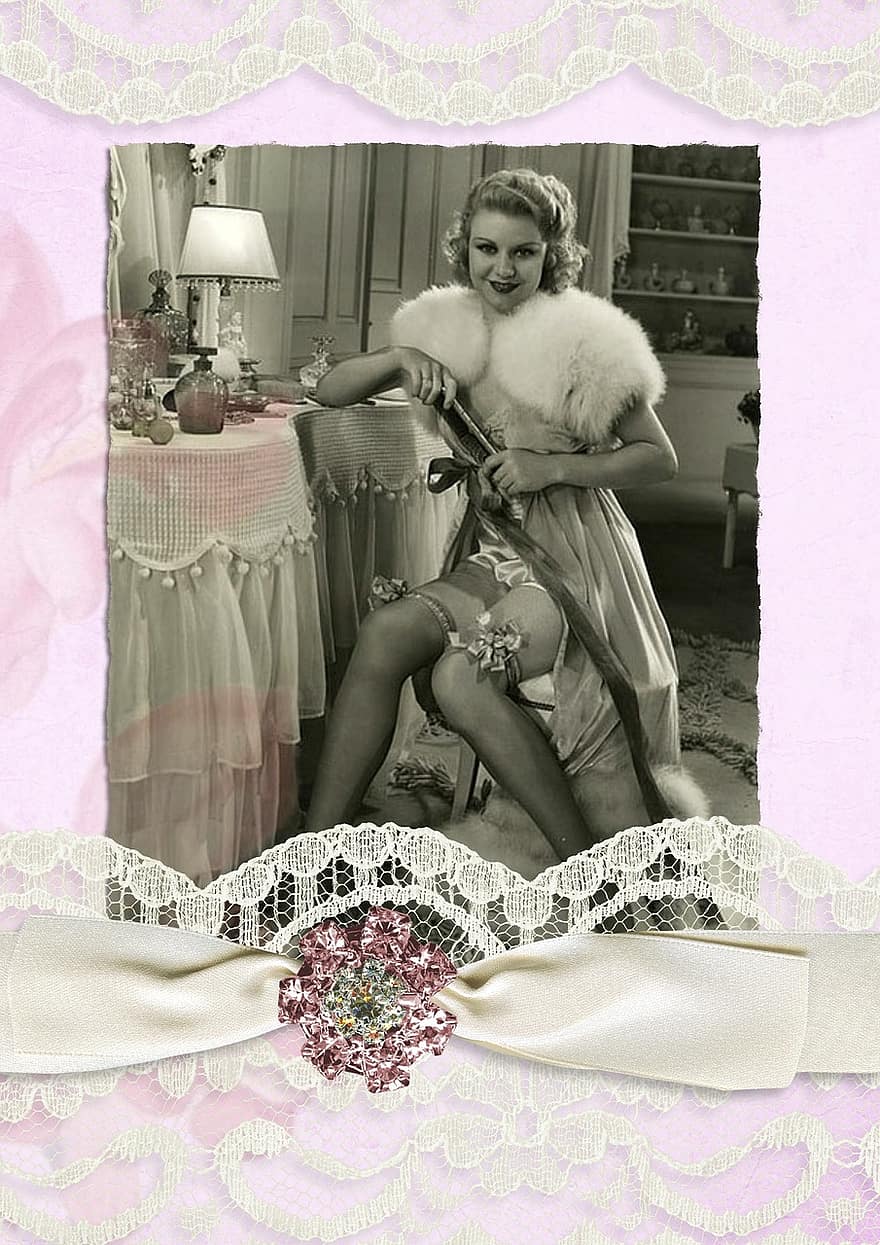 Vintage, Lady, Collage, Lace, Pearls, Mirror, Pink, Girl, Female, Young, Woman