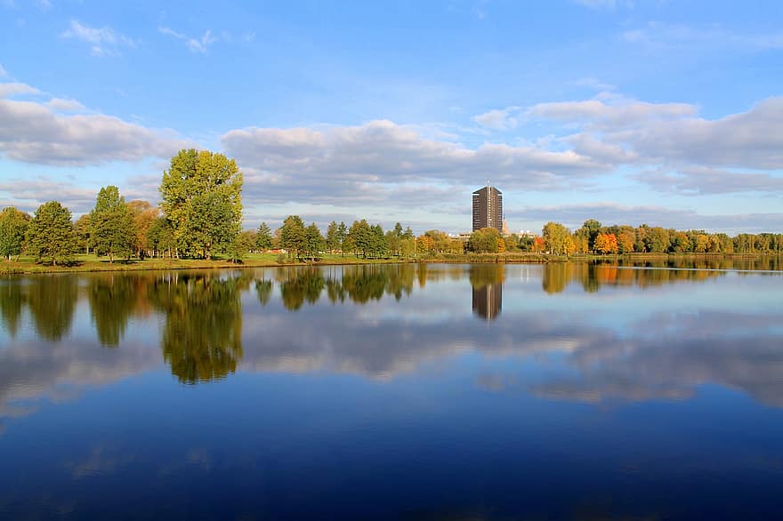 lago, naturaleza, otoño, paisaje, árbol, reflexión, agua, bosque, azul, hoja, amarillo