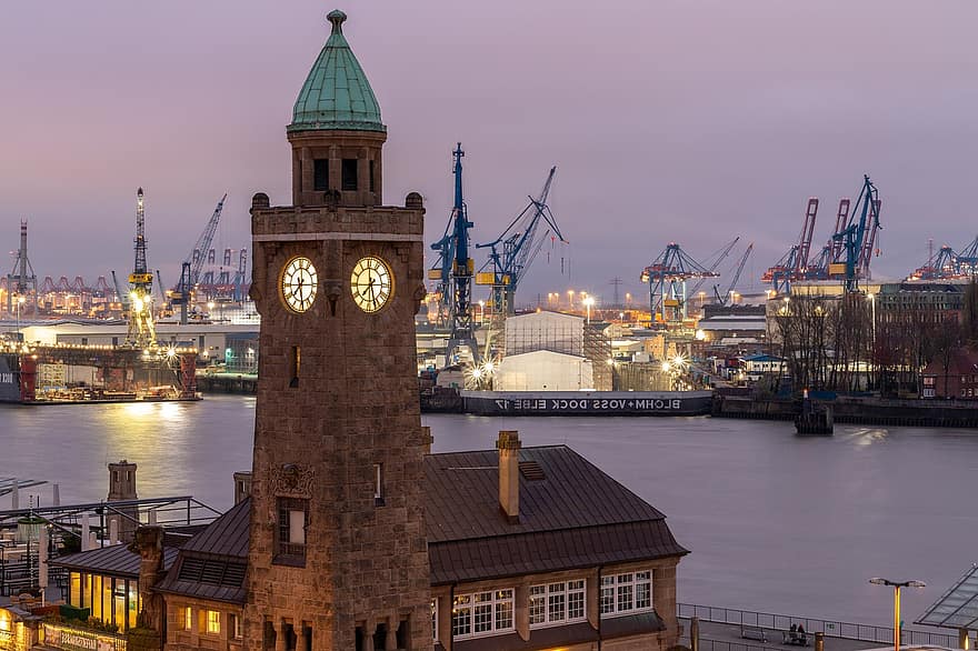 kikötő, óratorony, Hamburg, építészet, torony, tájékozódási pont, kikötői daruk, város, szürkület, hajnal, folyó