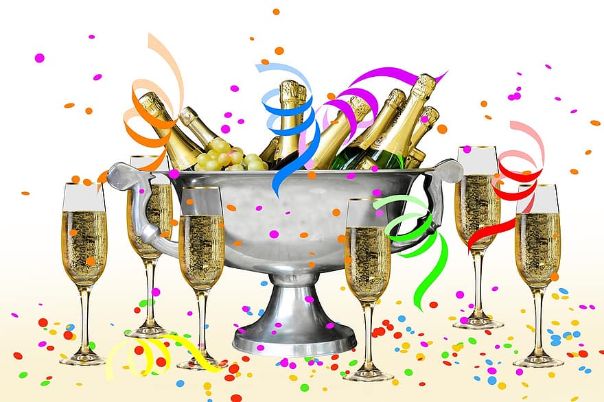 karnevál, party, fesztivál, ünneplés, születésnap, konfetti, streamer, papír kígyók, szülinapi buli, pezsgő, pezsgős pohár