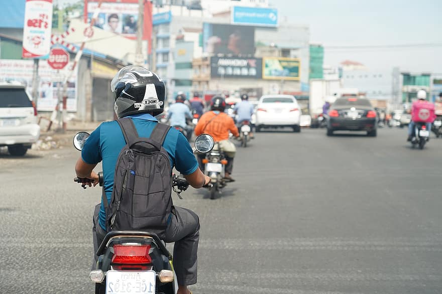 man, körning, motor-, arbete, skola, på gatan, Phnom Penh