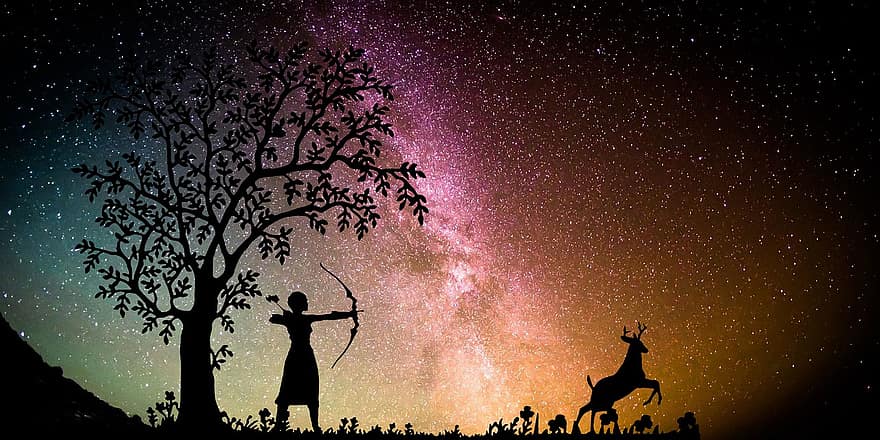 銀河、夜、空、狩猟、鹿、動物、女の子、女性たち、母、スペース、宇宙