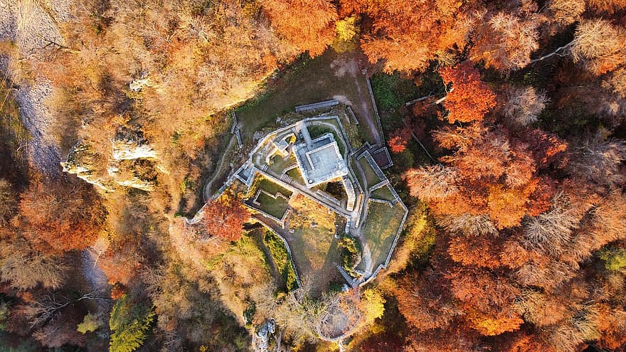 natureza, vista aérea, cidade, aldeia, outono, temporada, drone, castelo, fotografia de drone, meia idade, floresta