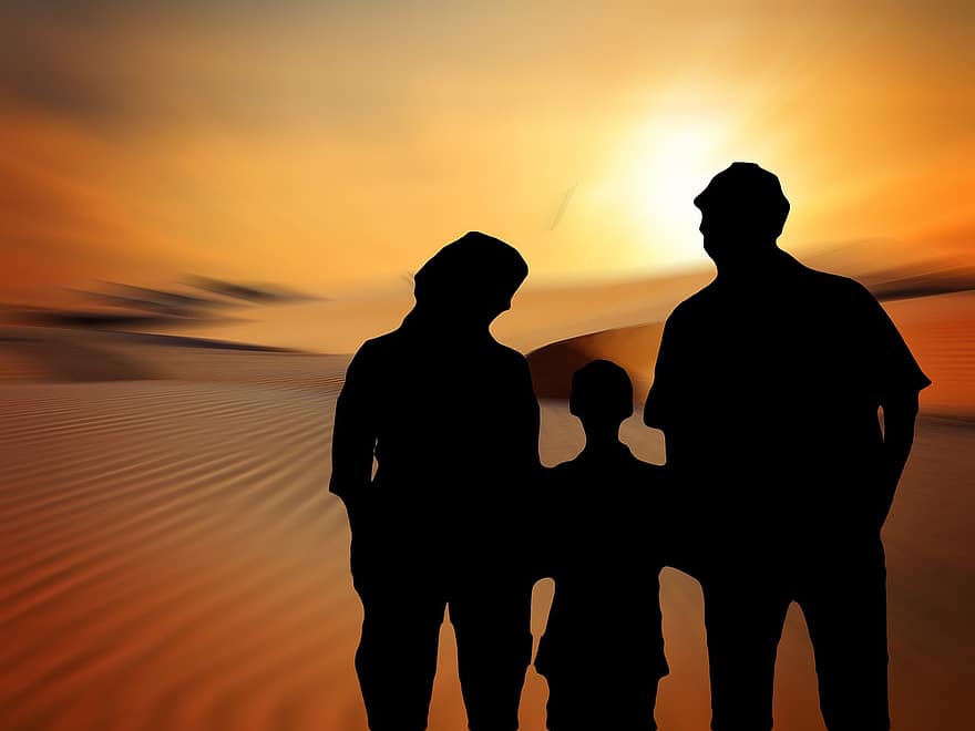 Family, Sun, Sunset, Woman, Children, Father, Mother, Protection, Child, Boy, Group