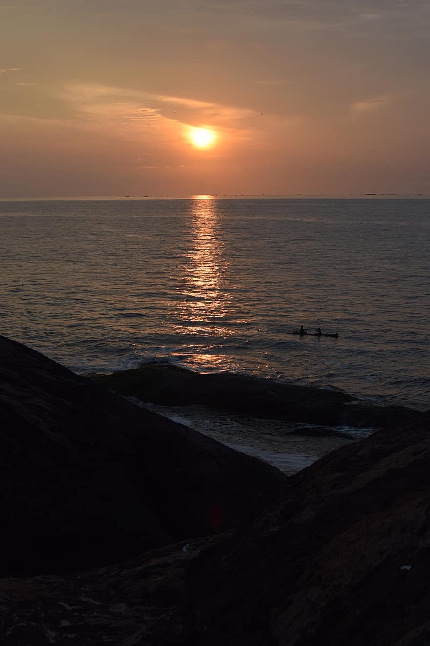 samudra, laut, matahari terbenam, alam, perjalanan, senja, tenang, air, langit, India
