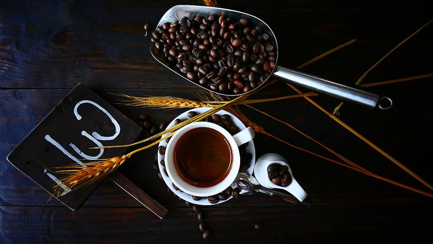 kaffe, bönor, kopp, kaffekopp, kopp kaffe, kaffebönor, svart kaffe, koffein, dryck, organisk, naturlig