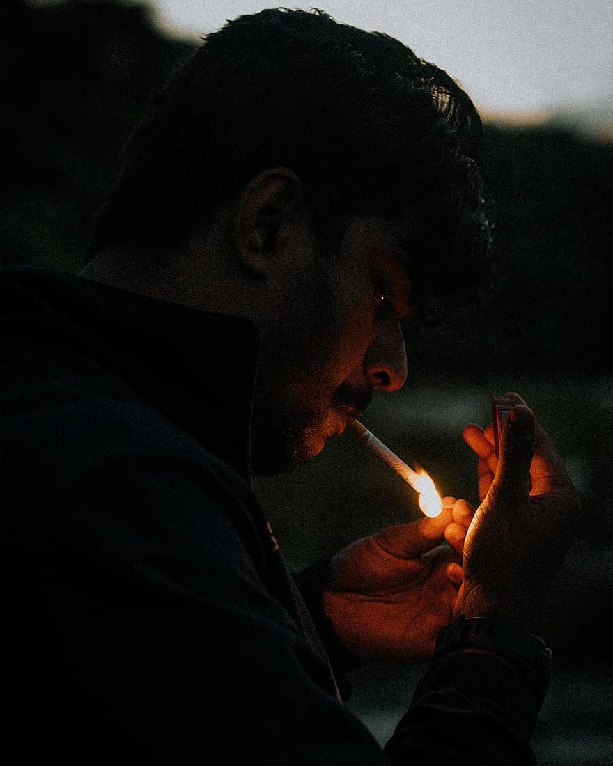 uomo, fumo, sera, sigaretta, notte