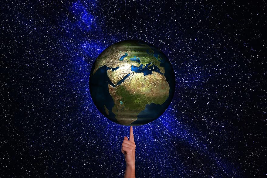 земно кълбо, земя, пръст на ръката, баланс, ръка, пространство, звезда, вселена