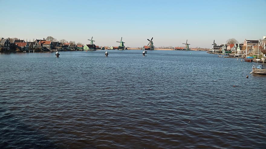 Netherlands, Lake, Windmills, Zaanse Schans, Zaandam, water, shipping, nautical vessel, commercial dock, industry, transportation