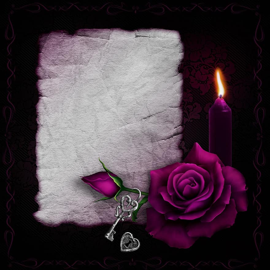 готичний, троянда, свічка, папір, ключ, замок, кохання, романтика, фон, записках, благородний